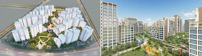 Tengah Garden Farmway artist illustration Artist’s illustration of the Garden Farmway, which serves as the main social-communal spine of Garden District (left). Garden Farmway flanked by Garden Vale @ Tengah and Garden Vines @ Tengah (right). (Actual design may differ)